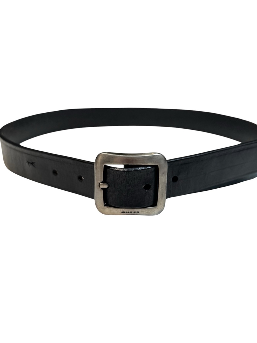 Vintage Guess Top Grain Black Leather Antique Square Buckle Belt 32